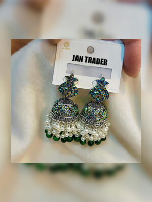 MAIN A Royal Peacock Style Green & White Jhumka Earrings – Traditional Party Wear