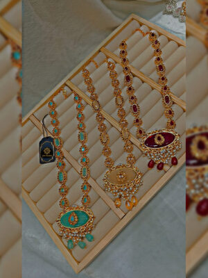 sa Elegant Stonework Long Necklace Set – Green, White & Pink Variants